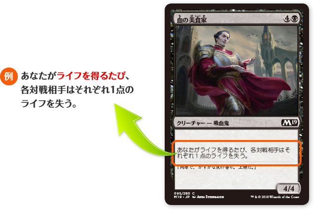 例)あなたがライフを得るたび、各対戦相手はそれぞれ１点のライフを失う。